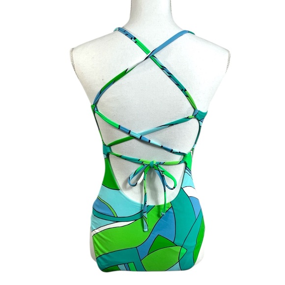 NWT Aerie one-piece swimsuit vibrant abstract wave pattern blue green Size Med. - Picture 2 of 4